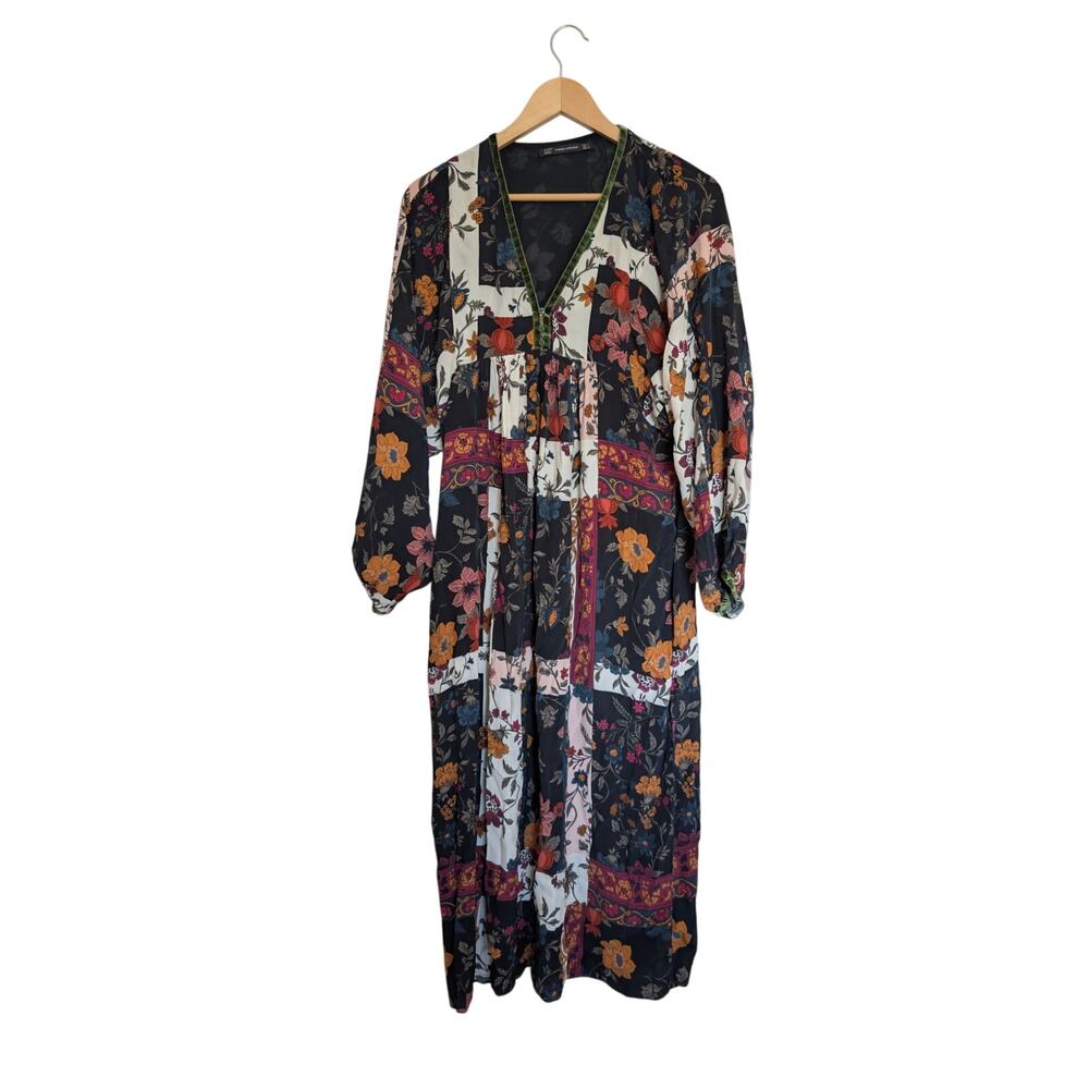 Zara Limited Edition Patchwork Long Sleeve Maxi Dress with Velvet Trim